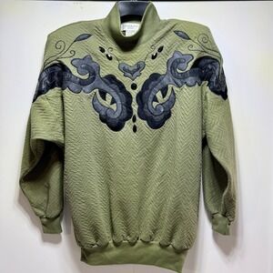 Adolfo Sport Women's M Green Textured Sweater Black Faux‎ Leather Embellishments